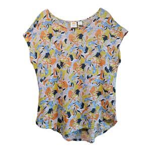 C & C CALIFORNIA Women XL Linen Top Orange Yellow Green Floral, Short Sleeve 40